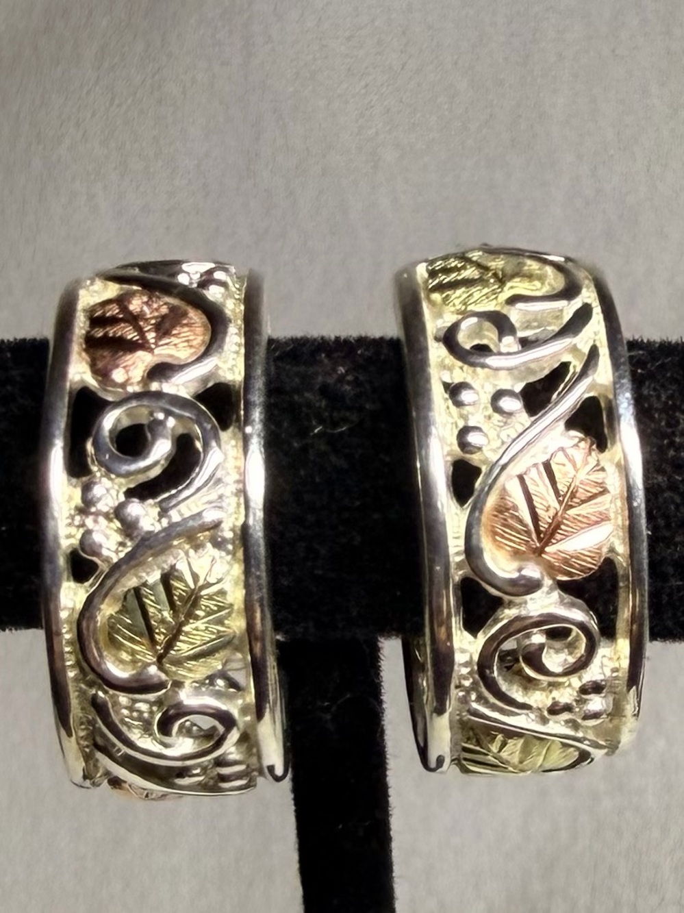 Tri-Tone Sterling Silver Leaf Hoop Earrings - 3/4”